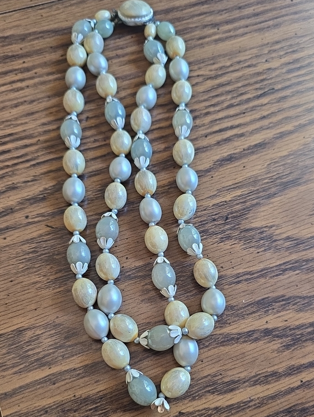 Mid Century Hong Kong Faux "Baroque" Rice Pearl & Lucite Bead Necklace